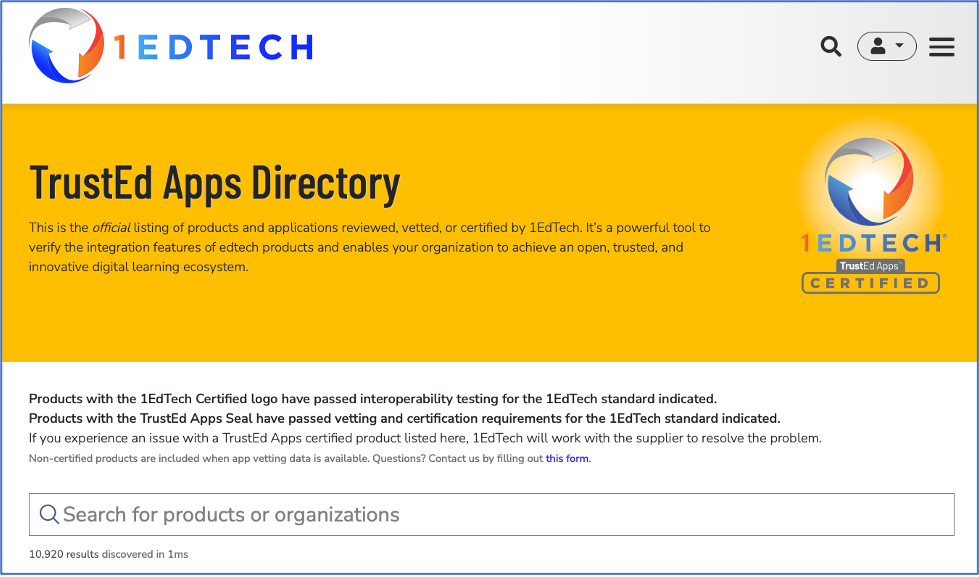 Image showing the home page of the 1EdTech Trusted Apps Directory