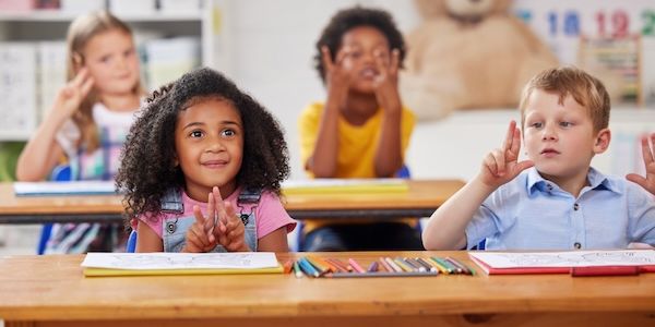 Group, children and counting lesson in classroom for learning maths, calculate and quiz solution. 