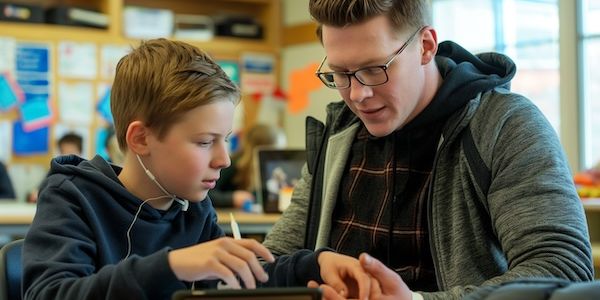 A teacher assists a student with a learning disability using an adaptive communication device in an inclusive classroom. 