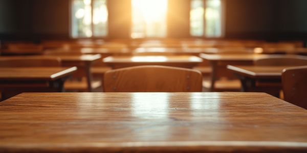  An empty classroom with wooden desks is bathed in sunlight streaming through tall windows, evoking themes of education, learning, and potential futures.