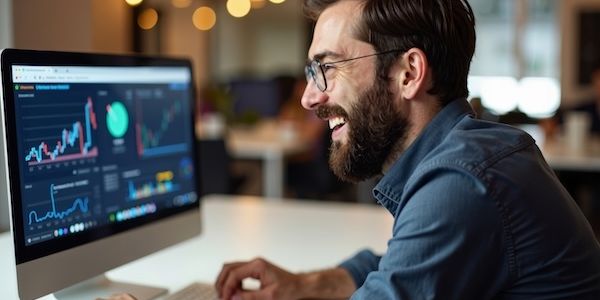 A portrait of a young man with a confident smile, eyeglasses, and a stylish beard, analyzing data on a laptop and dashboard.