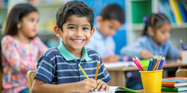 Happy young Hispanic boy sitting at desk in elementary school classroom, smiling and holding pencil, surrounded by colorful textbooks and educational materials. Generated with AI.