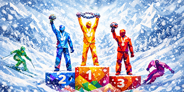 Three figures stand on a medal winners podium. Two figures ski in the background on a snowy mountain